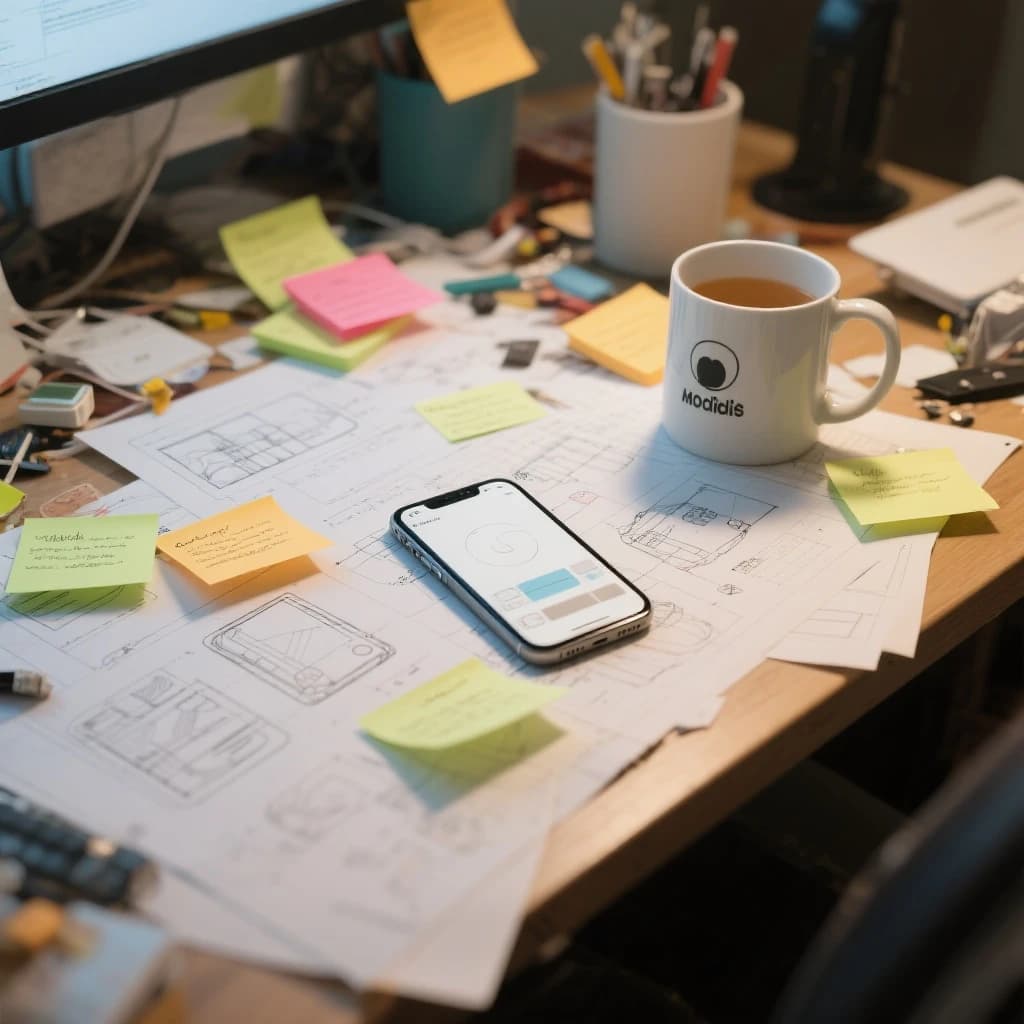 Close-up photo shows a messy desk, wireframes, sticky notes, mobile mockup, mug.