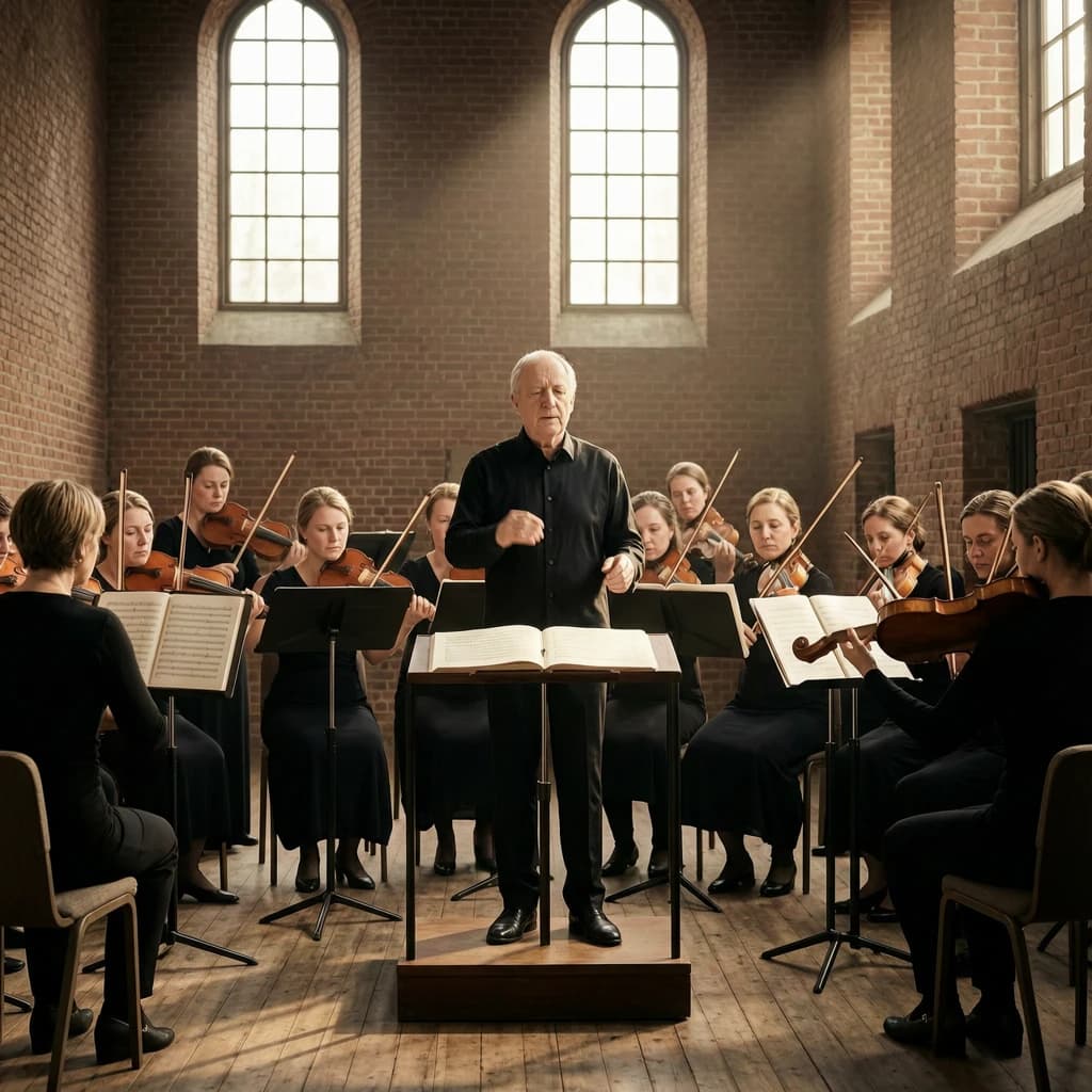 A choir rehearses in a brick hall as somewhat dramatic morning light falls through high windows, with a patient conductor mid-gesture, open scores, intent faces, slight motion blur.