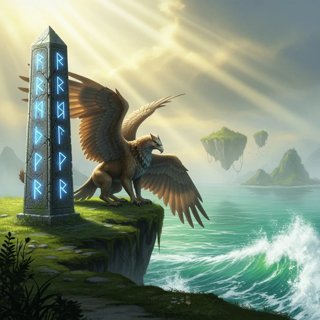 At dawn, a winged griffin lands on a mossy cliff above a jade sea beside a runed obelisk; floating isles drift under golden sunbeams, with a bit of sea spray and glowing runes.