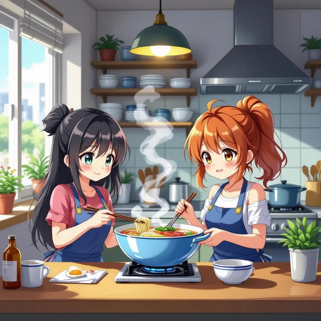 Club friends cooking ramen, steam rising, cel-shaded, city kitchen, big eyes.