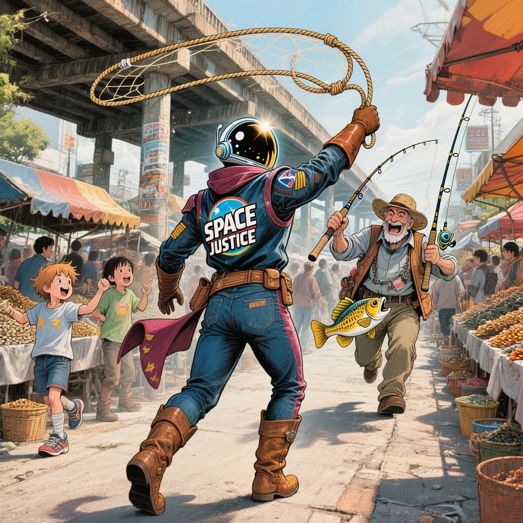 The space cowboy chases the deranged fisherman underneath the causeway, eager to collect on his bounty. Fishing rods and lines hang off the back off the fishermen as he darts between the bustling market crowd. We see the back of the space cowboy in his space poncho emblazoned with the words SPACE JUSTICE, spinning his lasso over his head. A child on the sidelines excitedly cheers the cowboy. 1990s hand drawn anime style with strong fluidity