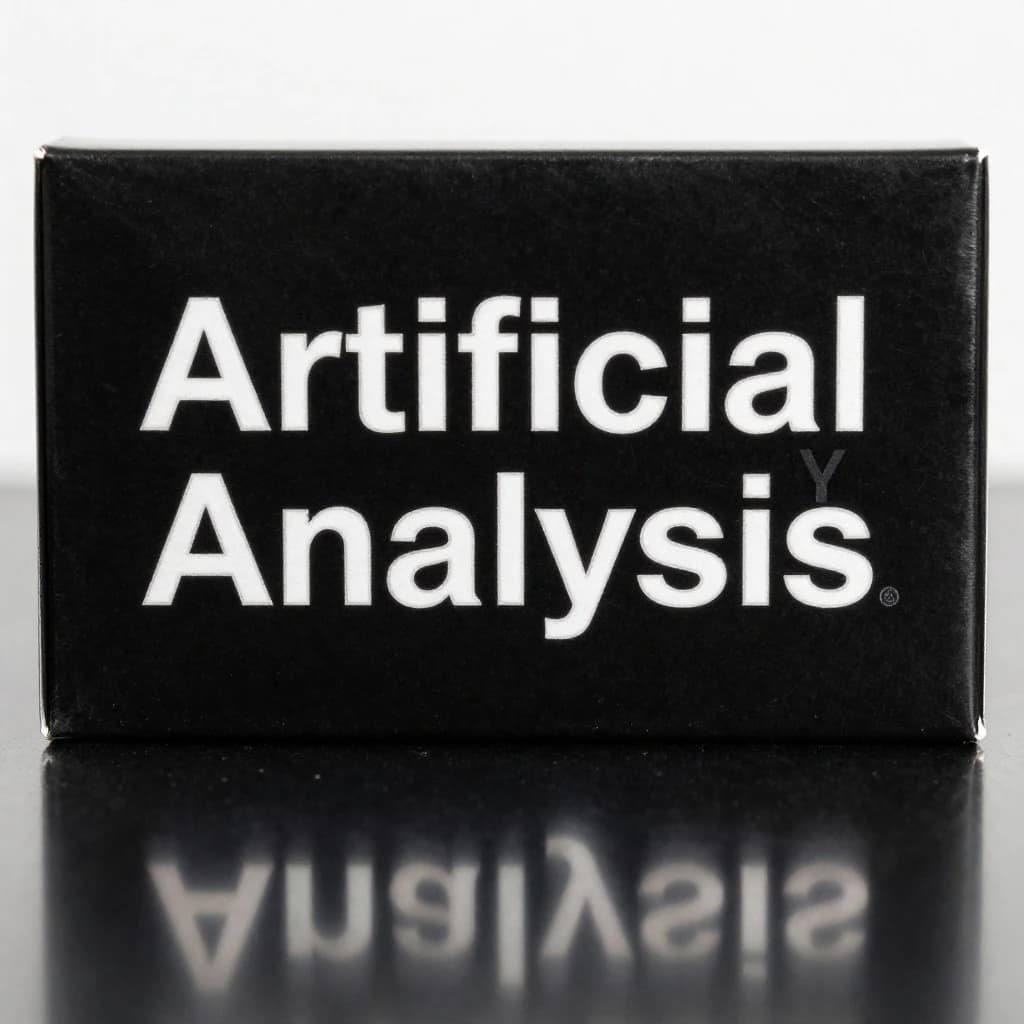 On the black box, silver foil embossing, centered: "Artificial Analysis" in Comic Sans Small Caps, perfectly justified. The letters are crisp, but the “Y” is duplicated faintly, ghosting right. On the box’s reflection, the word order is inverted: ARTIFICIAL ANALYSIS.