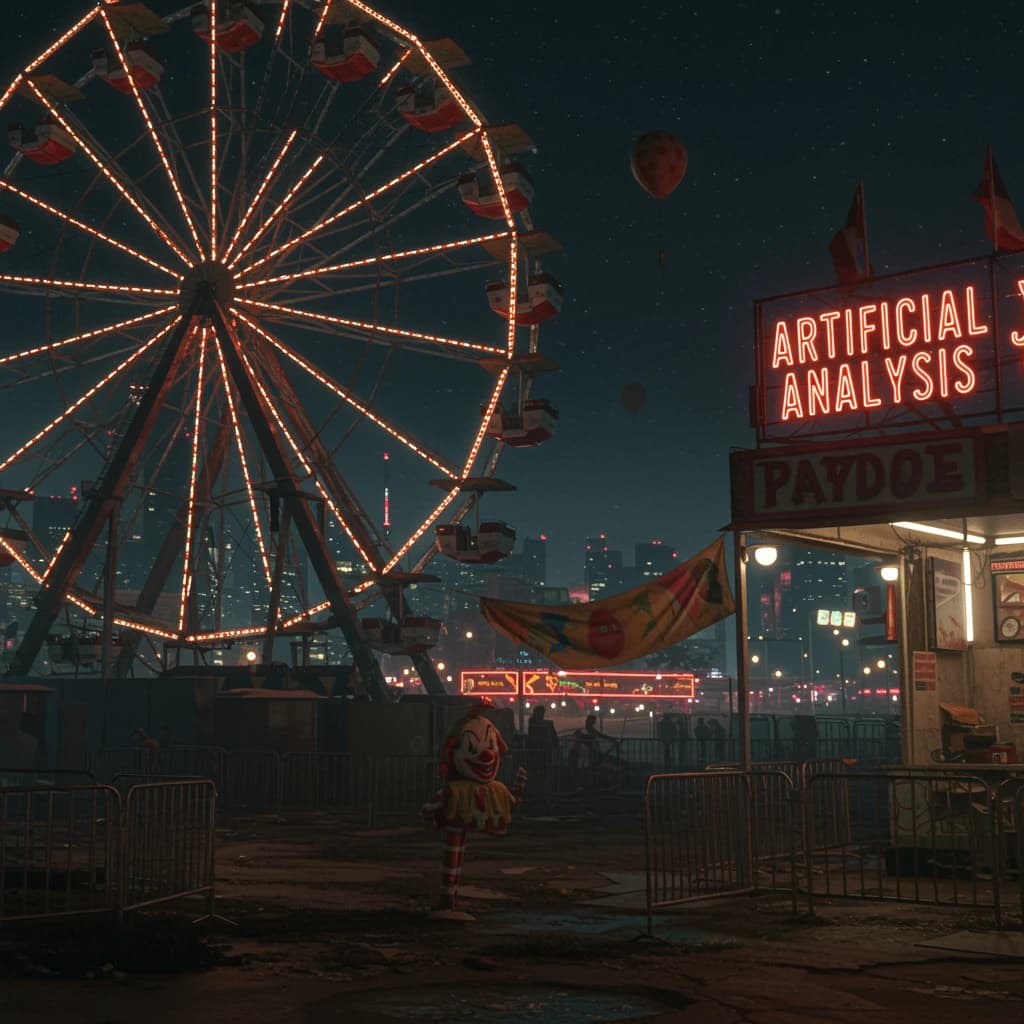 A deserted amusement park glows faintly under a half-moon. The ferris wheel is rusting yet strung with fresh, blinking LED lights. A torn clown banner flaps in a windless air. A lone balloon floats upward, tethered to nothing, while in the far distance city lights flicker on - some neon, some gas lamps as though from another century. 'Artificial Analysis' glows in neon