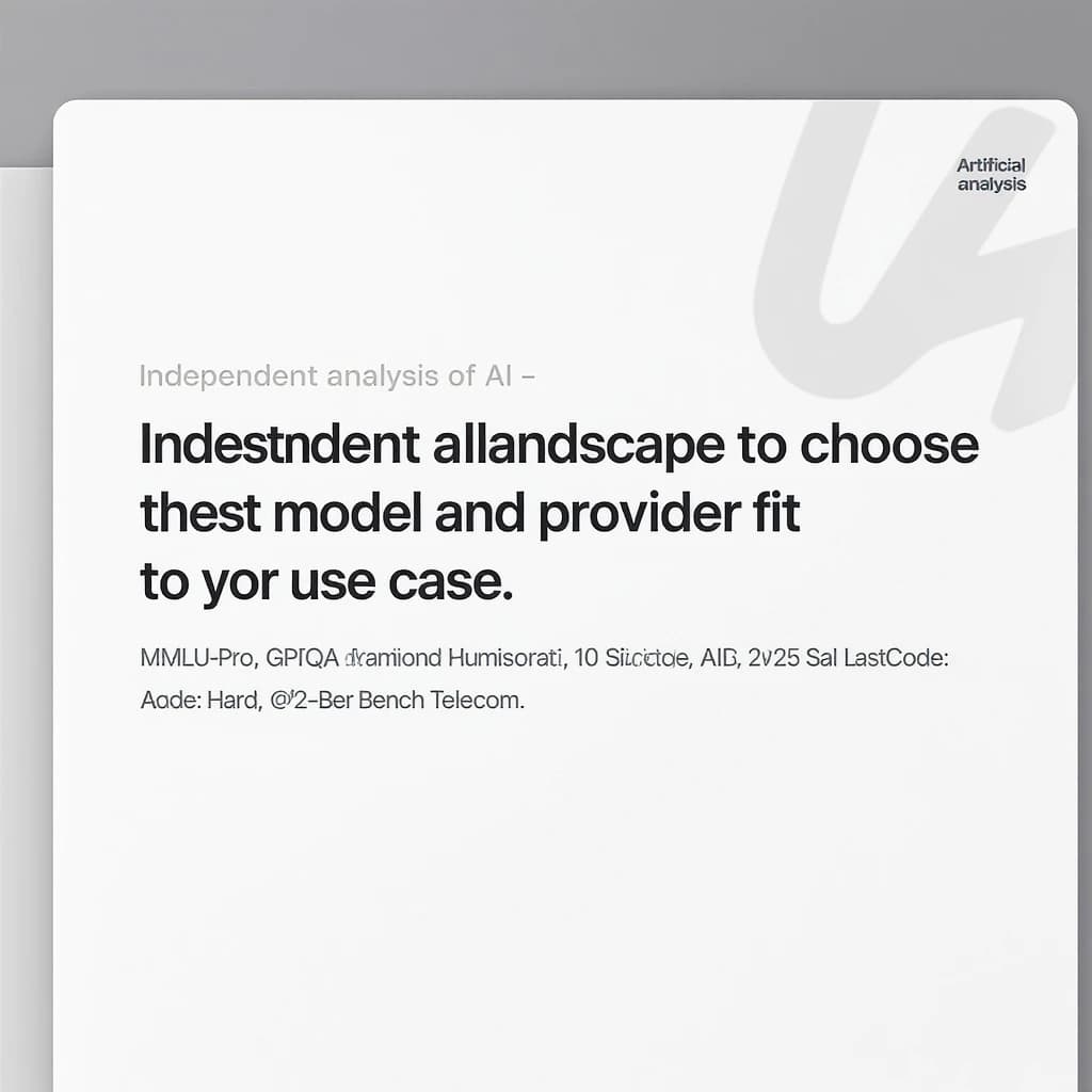 On a white dashboard with thin gray dividers, place a centered header in Helvetica Neue Bold, 20pt: “Independent analysis of AI - Understand the AI landscape to choose the best model and provider for your use case.” Directly beneath, a subheader in smaller Regular weight, 14pt: “Artificial Analysis Intelligence Index v3.0 incorporates 10 evaluations: MMLU-Pro, GPQA Diamond, Humanity's Last Exam, LiveCodeBench, SciCode, AIME 2025, IFBench, AA-LCR, Terminal-Bench Hard, 𝜏²-Bench Telecom.” The header is fully justified but the subheader is left-aligned. In the upper right corner, the Artificial Analysis logo appears watermarked, diagonal, faint gray, partially overlapping the scrollbar.