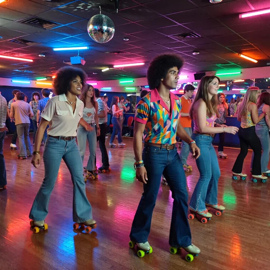 A 1970s roller rink crowd skates under neon, with a bit of fade and film grain.