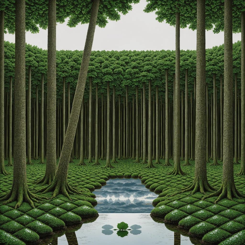 The forest is saturated green, trees identical in height and width, trunks straight, bark texture repeating. One trunk leans diagonally yet the branches remain vertical. The moss is emerald, glistening, though each patch forms identical diamond shapes. A stream runs straight, perfectly linear, water clear, reflecting clouds not visible in the sky. No animals, no insects, but one leaf floats on the water, doubled, showing two overlapping shadows.