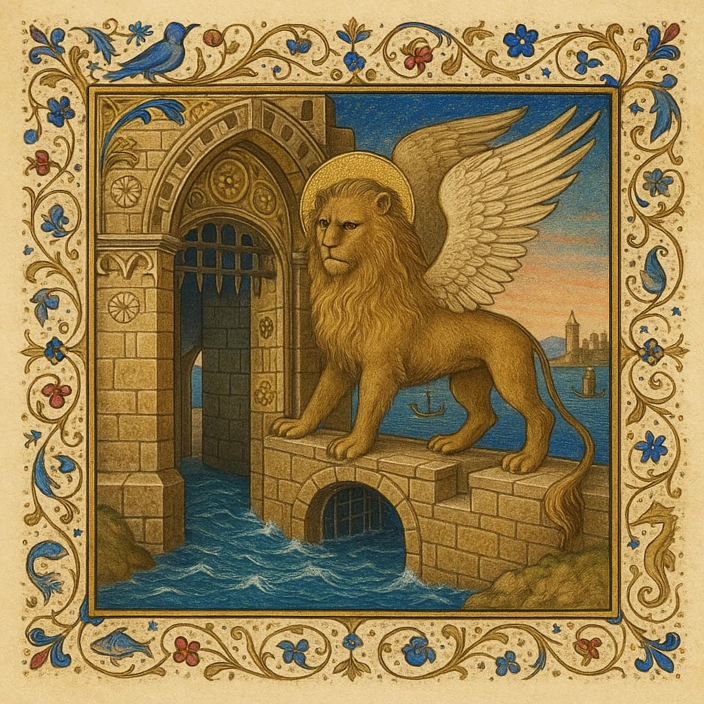 Paint an illuminated manuscript scene of a winged lion guarding a sea gate.