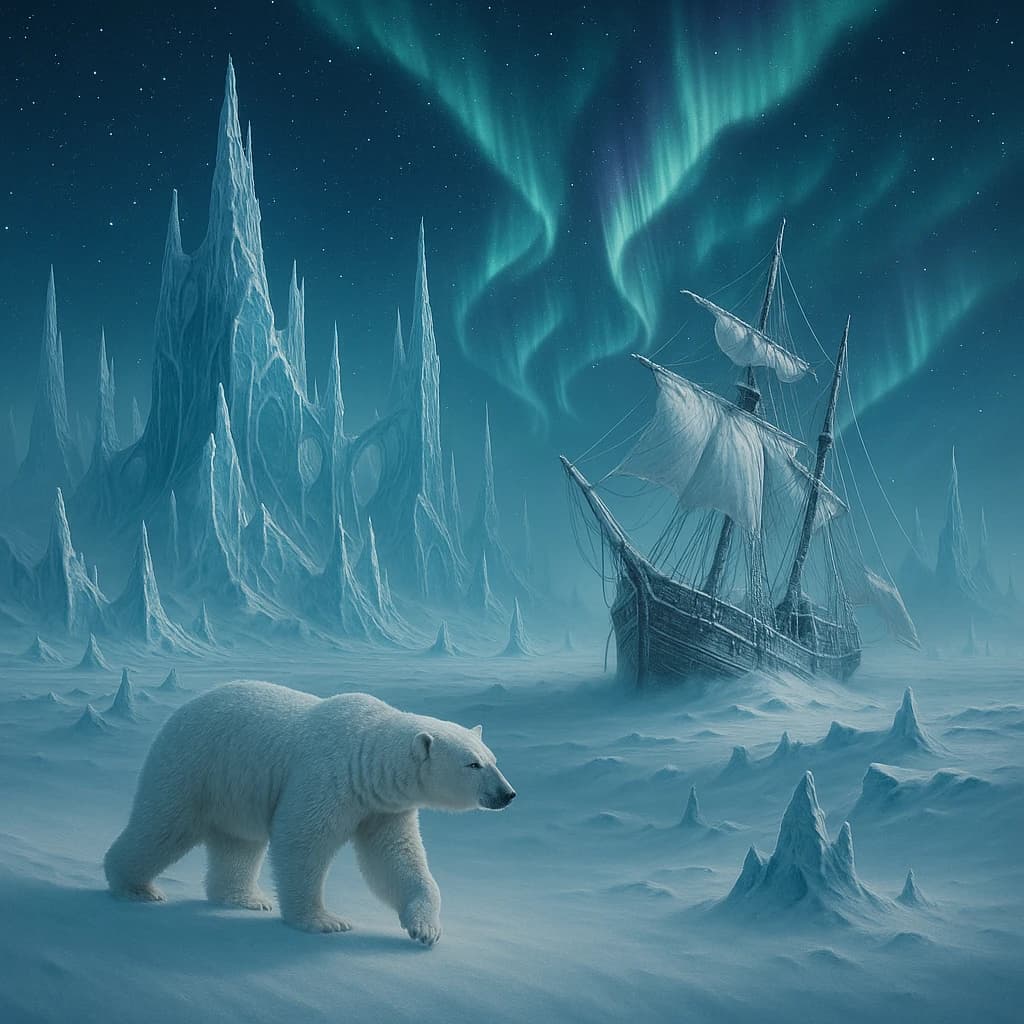 An endless tundra stretches outward, littered with jagged icebergs shaped like cathedral spires. A polar bear trudges across the foreground but leaves no tracks. Auroras ripple overhead. A half-buried shipwreck juts from the snow — sails billowing despite the still air.