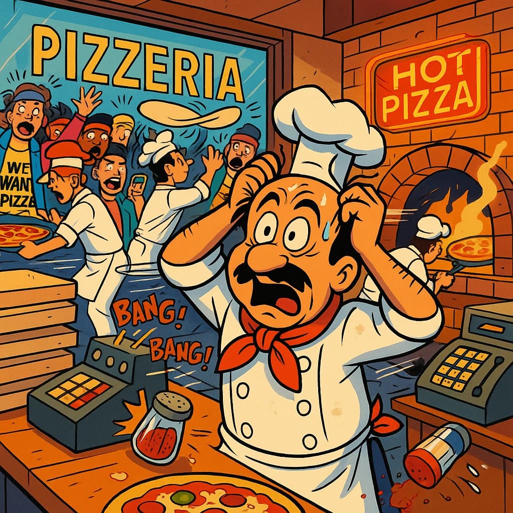 Pasquale is pulling his few remaining hairs out over a disaster at the pizzeria - the cooks are working as fast as they can but the crowds outside are swelling and they demand hot hot pizza! They are banging on the glass and some are wearing "we want pizza" shirts. 1980s western TV animation style.