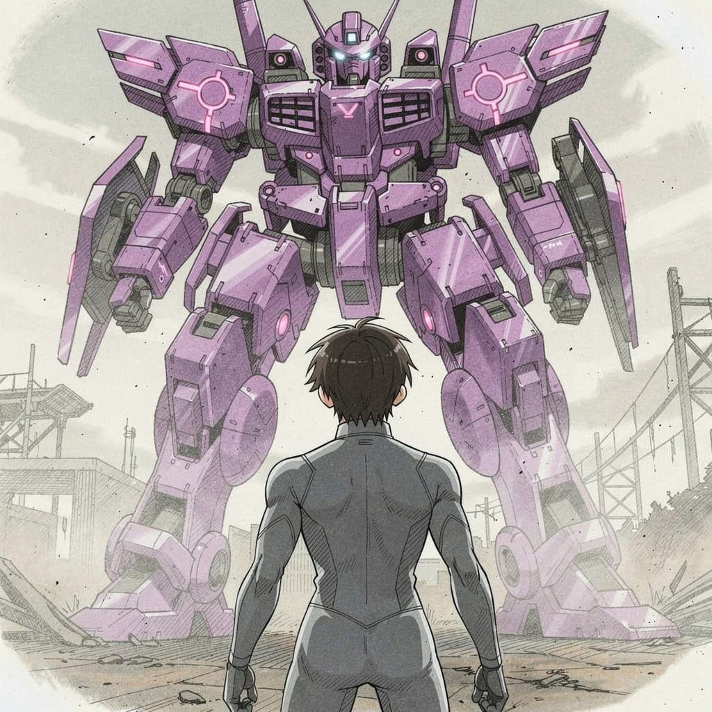 Clad in his body suit up to the neck, young Masa nervously approaches the towering mech with his back facing us. He is nervous for his first time in the field. The mech's bright purple colour scheme contrasts with the grey body suit. The scale of the mech dwarfs Masa. Hand drawn style
