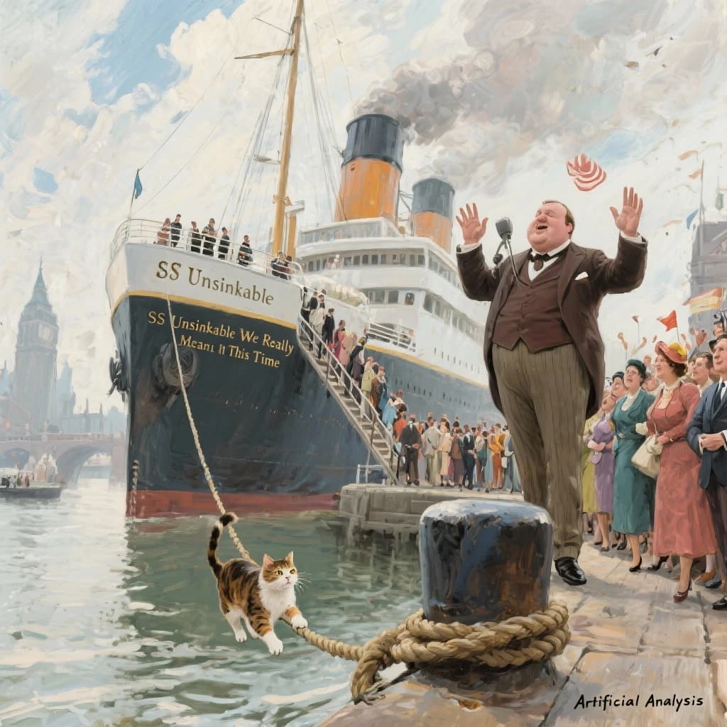 An impressionistic painting of the mighty steamer the "SS Unsinkable We Really Mean It This Time" on a cloudy but bright London morning about to set out on her maiden voyage. A jubilant crowd is gathered on the dock around the paunchy mayor who is making a speech, gesticulating wildly with his hands. The gangways are busy with well heeled ladies and gentlemen making their way onto the ship. A cheeky cat hangs over the water, clinging to the mooring rope after an ill-fated attempt to climb up. The artist has signed his name "Artificial Analysis" in the bottom corner