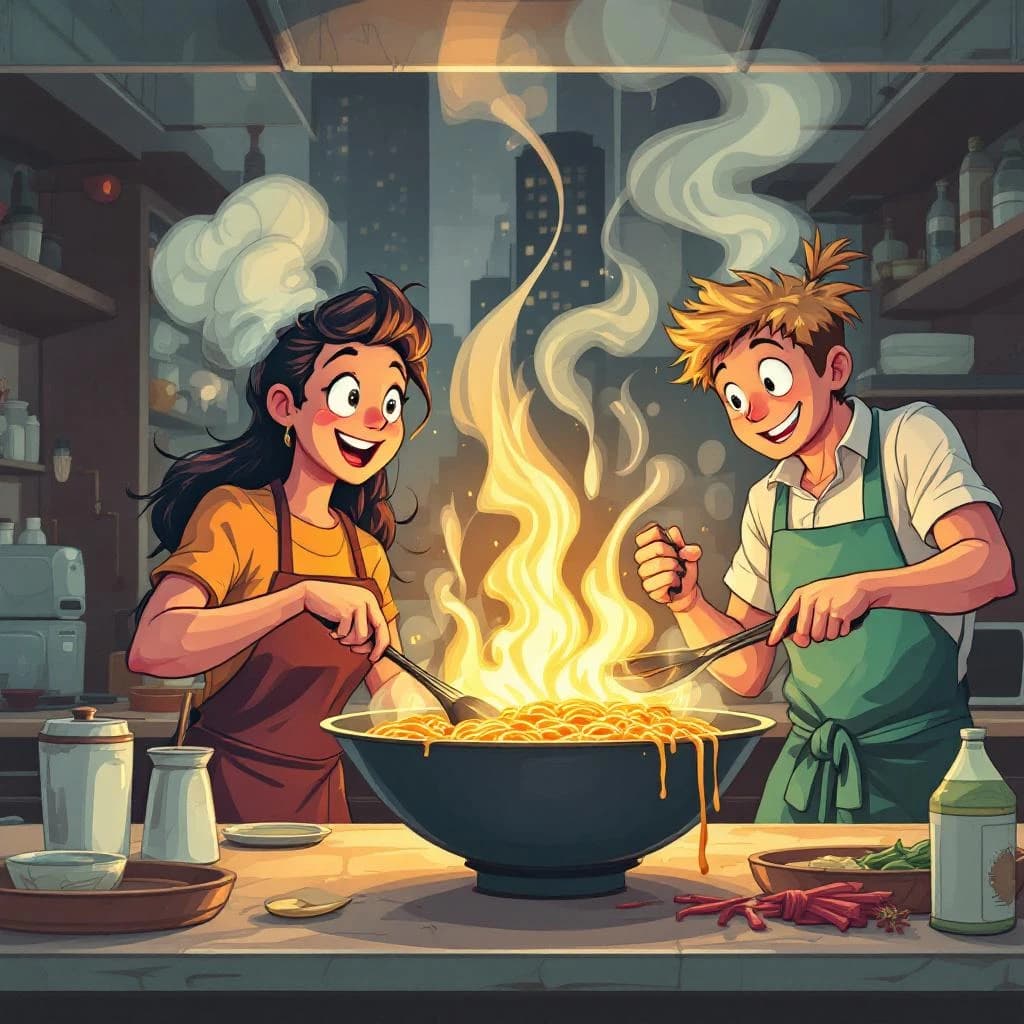 Club friends cooking ramen, steam rising, cel-shaded, city kitchen, big eyes.
