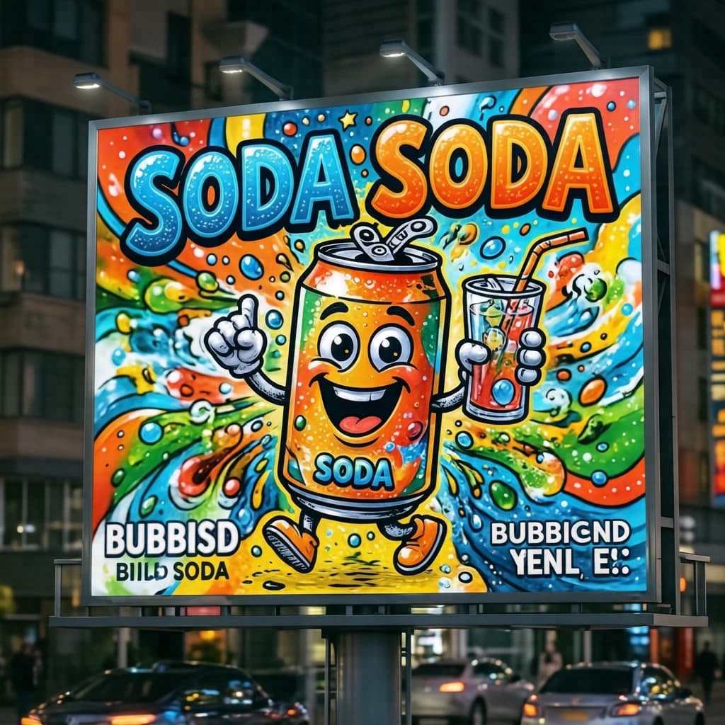 Design a bright soda billboard ad with a bubbly can mascot, thick inky lines.