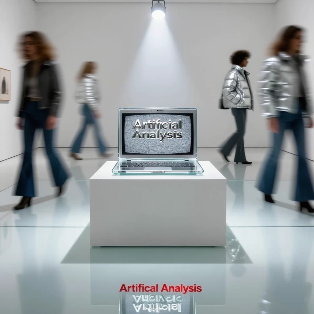 In a spotless gallery space, a pedestal supports a transparent laptop whose screen flickers between static and pristine brand imagery. Shoppers blur past in designer clothes that appear slightly outdated - bell bottoms, metallic jackets. The embossed logo “Artificial Analysis” glints silver, yet its reflection in the glass floor reads in crimson letters. A single spotlight shines, though shadows fall in two directions.