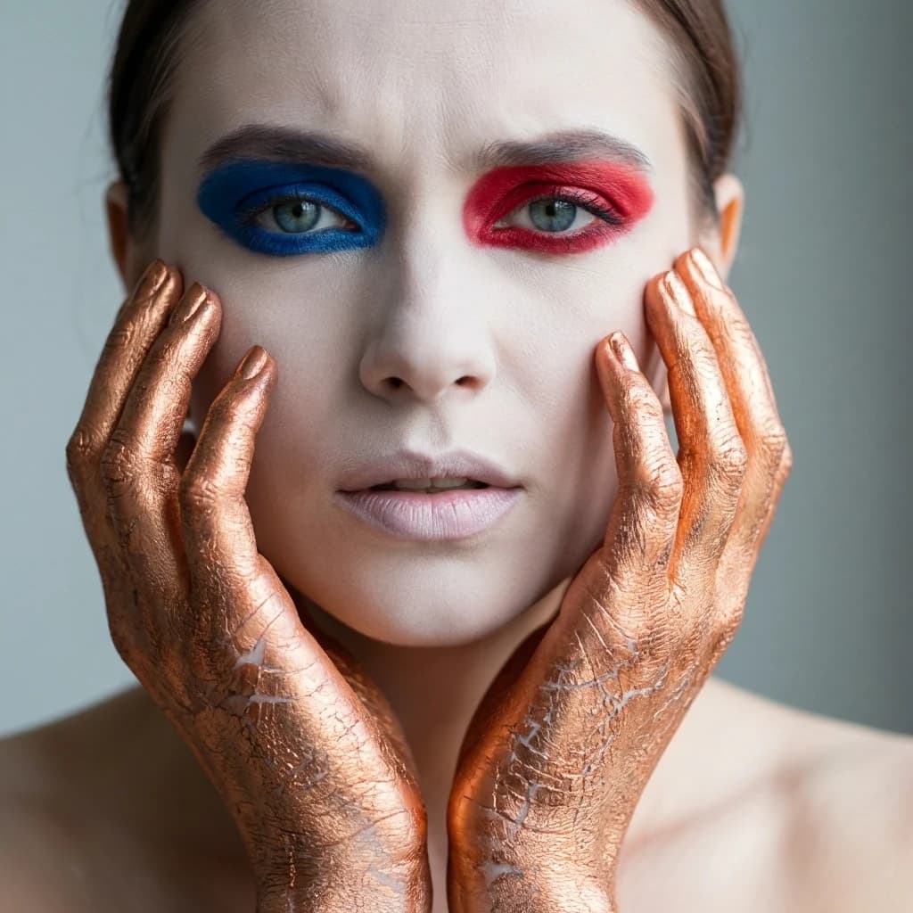 A striking close-up portrait of a woman with cracked metallic copper-painted hands framing her face. Her vivid blue and red eye makeup contrasts sharply with the smooth, pale skin and muted background, creating a bold, surreal composition. She displays an air of uncertainty about her