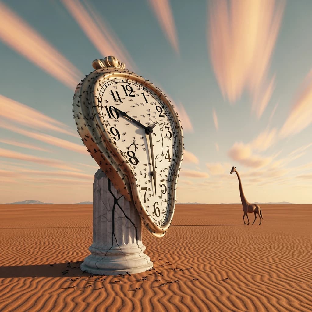 A vast desert plain stretches endlessly under a sky streaked with pale pink and ochre clouds. In the center stands a colossal clock, its face drooping and melting over the edge of a broken marble column. Ants swarm across its warped surface, glinting in the harsh sunlight. To the right, a horse with a giraffe like neck wearing a top hat strides toward the horizon, its shadow stretching miles across the sand. A cracked violin lies half-buried in the foreground, strings snapping outward like veins. Painted in the dreamlike surrealist style. A newspaper named the "Artificial Analysis Daily" lies on the Floor.