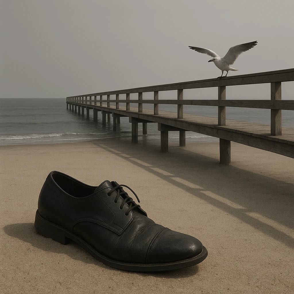 The beach is flat, sand beige, granular, no shells, except for a single left shoe, black leather, size eleven, half buried at an angle. The pier extends straight into the water, wood untreated, grain visible, though the support posts vanish before they touch the surface. The sky is uniformly gray, no clouds, yet shadows stretch at sharp diagonals. A single gull sits on the railing, wings outstretched, frozen mid-flap, no movement.