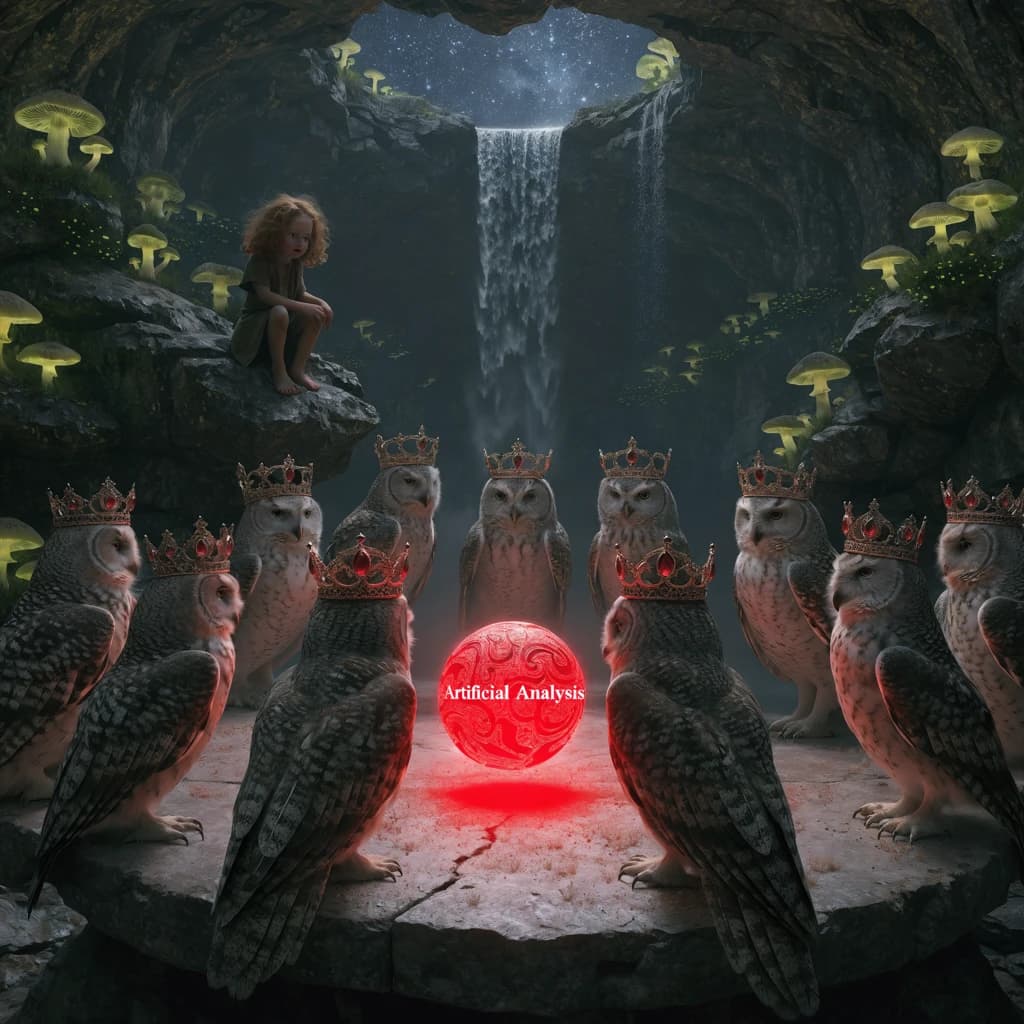 In a cavern lined with bioluminescent fungi glowing lime green, the council of owls wear jeweled crowns that glimmer with rubies, their wings folded behind their backs. Dust coats the stone table, a glowing orb inscribed with “Artificial Analysis” hovers above the table illuminating the owls with its red pulsating light. Behind them, a waterfall falls upward into a ceiling that opens onto stars - a child looks down in wonder from above at what he has stumbled across.