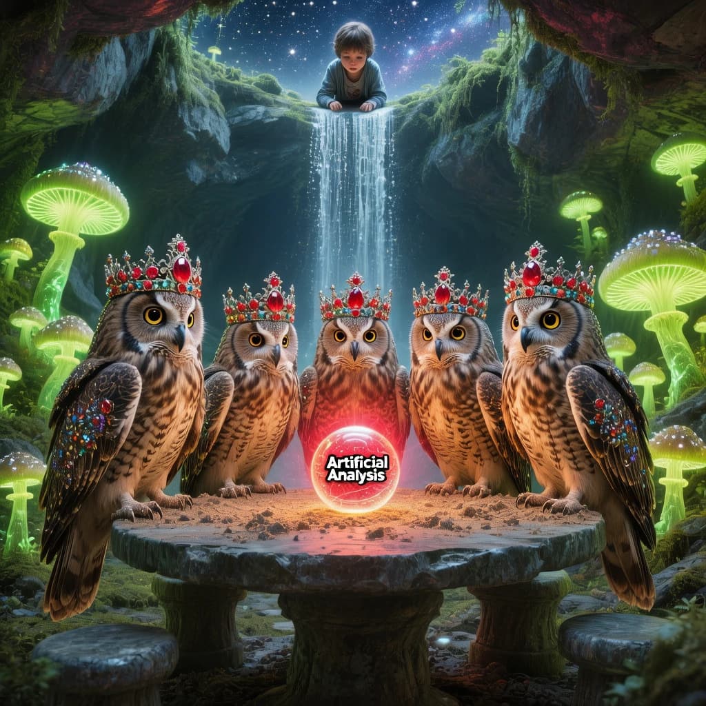 In a cavern lined with bioluminescent fungi glowing lime green, the council of owls wear jeweled crowns that glimmer with rubies, their wings folded behind their backs. Dust coats the stone table, a glowing orb inscribed with “Artificial Analysis” hovers above the table illuminating the owls with its red pulsating light. Behind them, a waterfall falls upward into a ceiling that opens onto stars - a child looks down in wonder from above at what he has stumbled across.