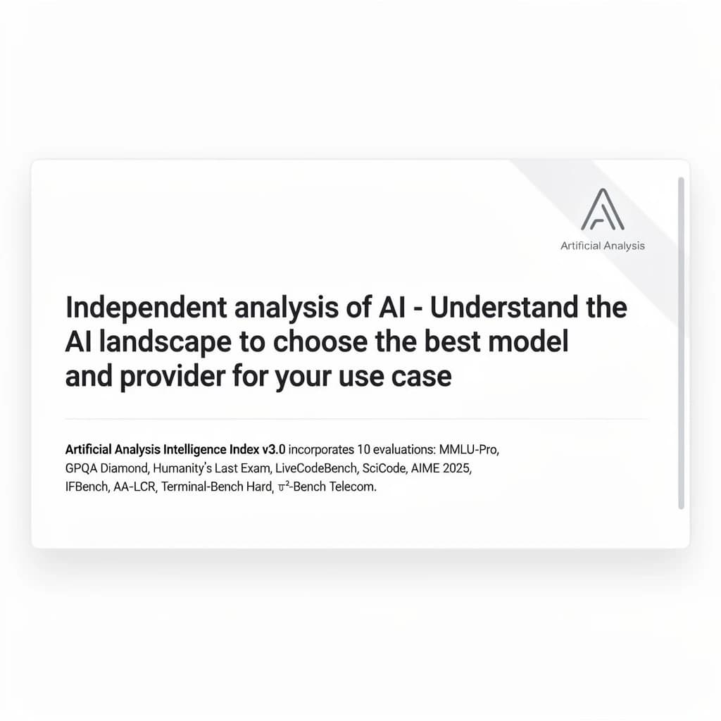 On a white dashboard with thin gray dividers, place a centered header in Helvetica Neue Bold, 20pt: “Independent analysis of AI - Understand the AI landscape to choose the best model and provider for your use case.” Directly beneath, a subheader in smaller Regular weight, 14pt: “Artificial Analysis Intelligence Index v3.0 incorporates 10 evaluations: MMLU-Pro, GPQA Diamond, Humanity's Last Exam, LiveCodeBench, SciCode, AIME 2025, IFBench, AA-LCR, Terminal-Bench Hard, 𝜏²-Bench Telecom.” The header is fully justified but the subheader is left-aligned. In the upper right corner, the Artificial Analysis logo appears watermarked, diagonal, faint gray, partially overlapping the scrollbar.