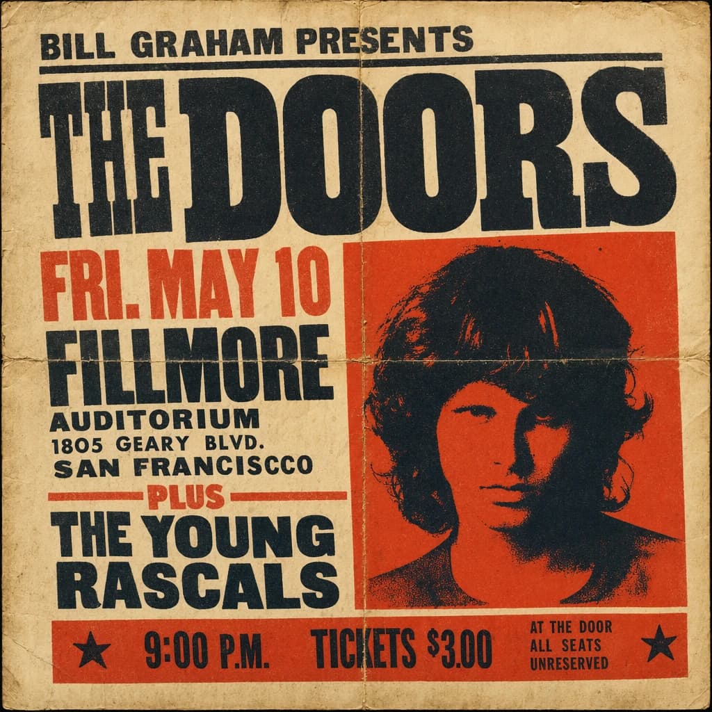 Make a 1960s concert poster featuring bold wood type, misaligned ink, creases.