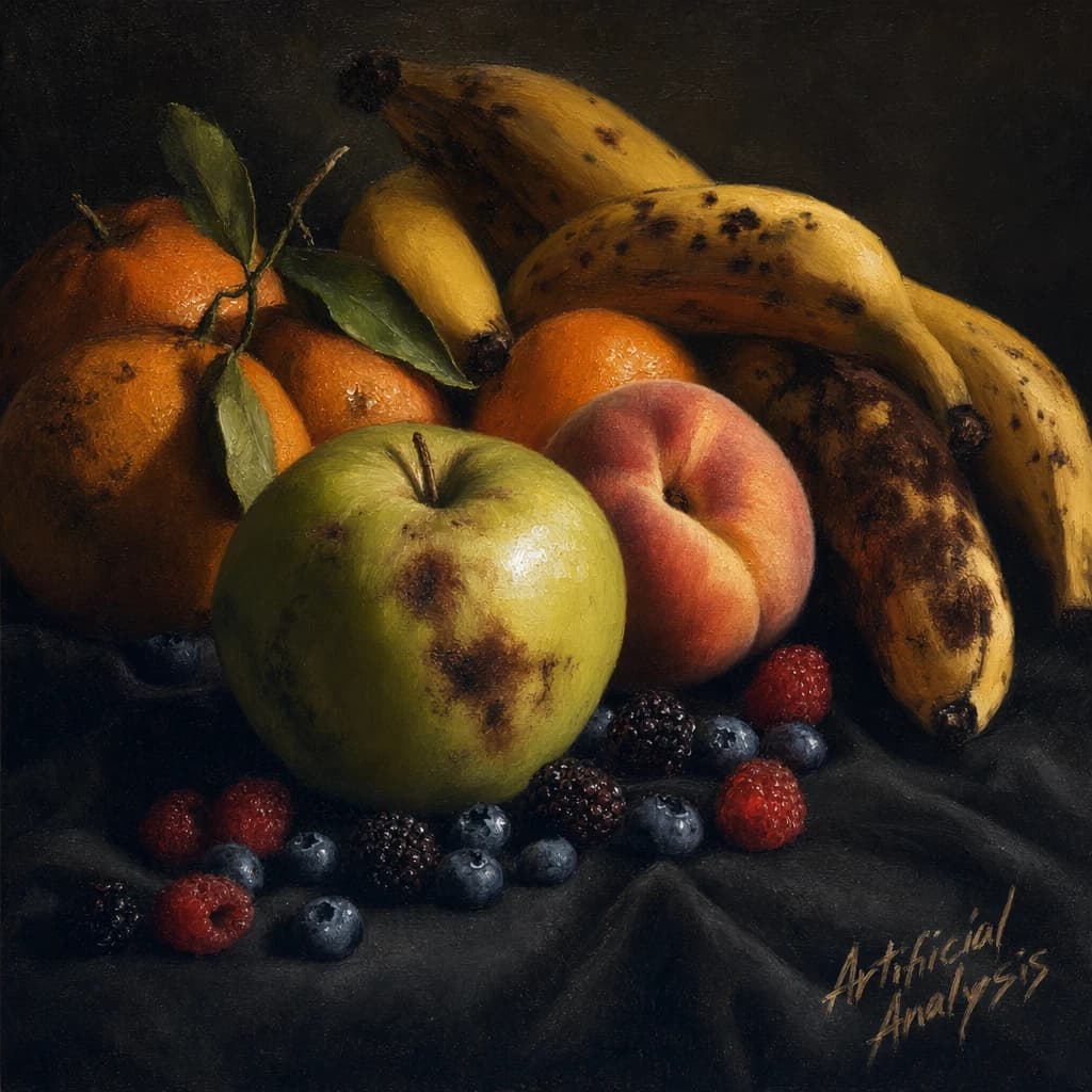 A still life scene painted oil on canvas, comprising various fruits on a black table cloth with striking lighting coming from the right out of frame, creating strong shadows. A bruised green apple is in the foreground, a peach behind it, and behind that a melange of oranges and bananas in various states of ripeness. Berries are strewn in front of the apple. The artist has signed his name "Artificial Analysis" in the bottom right corner in a hurried fashion.