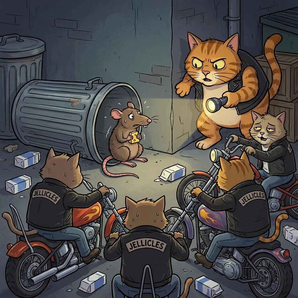 The cartoon rat clenches his thin wedge of cheese and trembles in fear as he hides from the menacing Jellicles, the roaming cat motorcycle gang, all wearing their colors with the name on the back. The cats have all drunk far too much milk and are causing a big ruckus! One cat is close to finding the rat