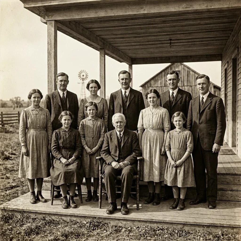 Everybody holds still and nobody smiles for the family portrait. It's 1928 in Kansas