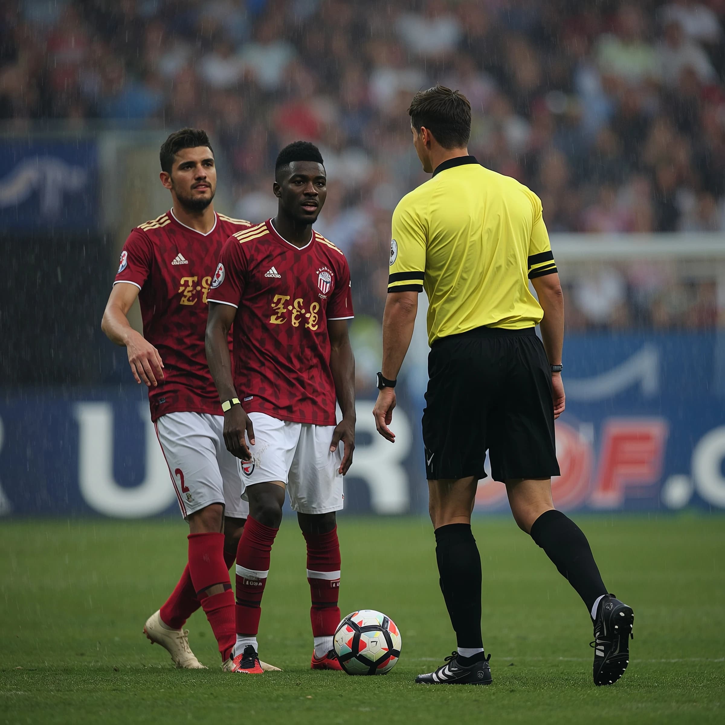 The soccer player clashes with the ref. It is thick and humid and the heat is getting to the players. His friend tries to pull him off before he causes any more trouble.