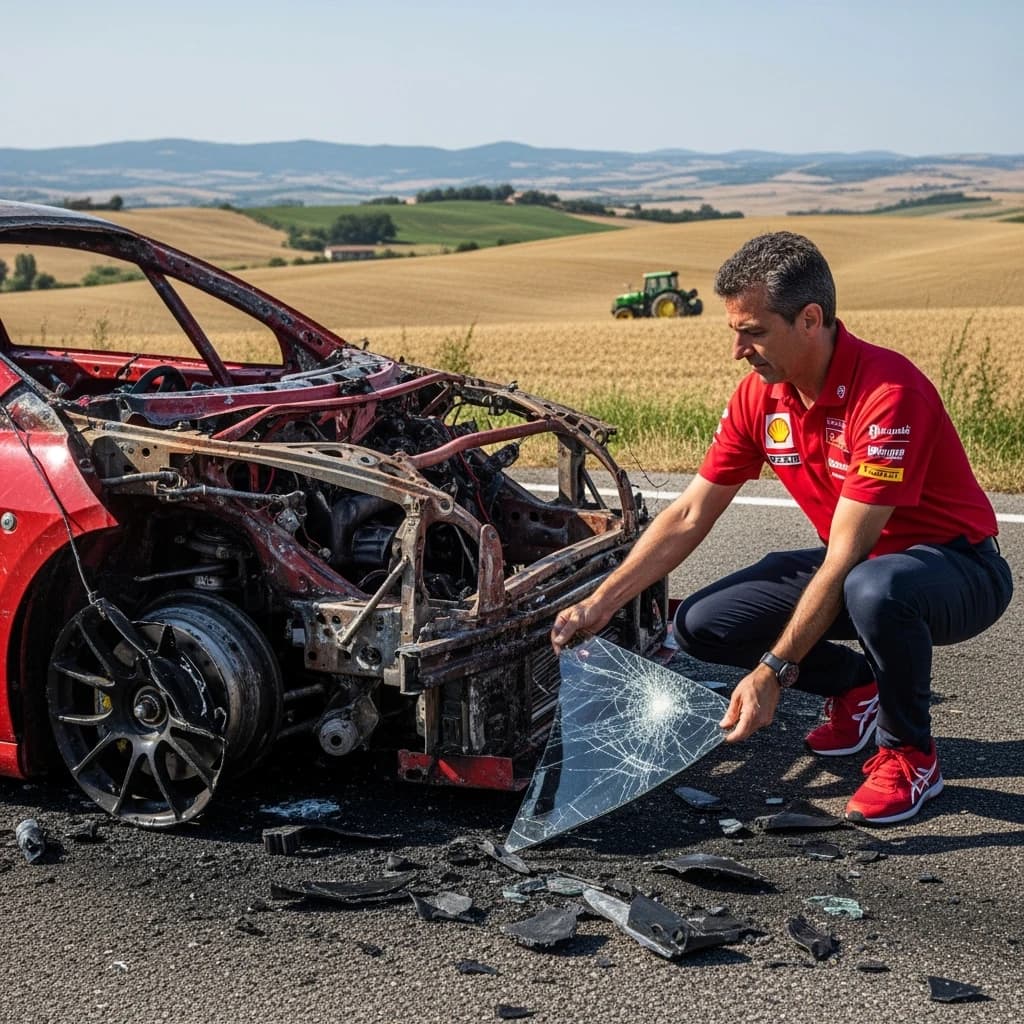 Mario examines the still smouldering wreck of the crash that took his best driver on the side of the country road. He designed this car and caused this. 3 days have passed since the crash. It's 1973 in Northern Italy.