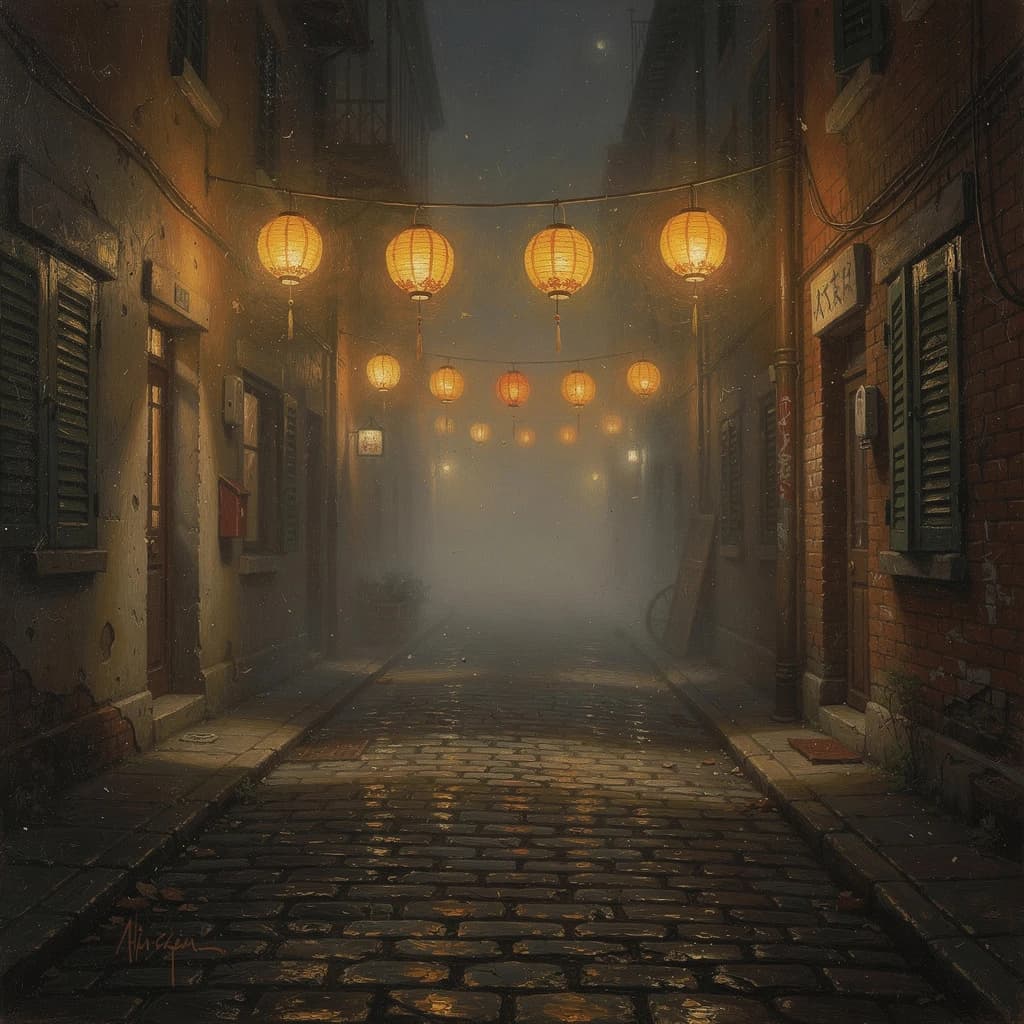 Please create an oil painting of a narrow alley, a bit foggy, glowing lanterns.