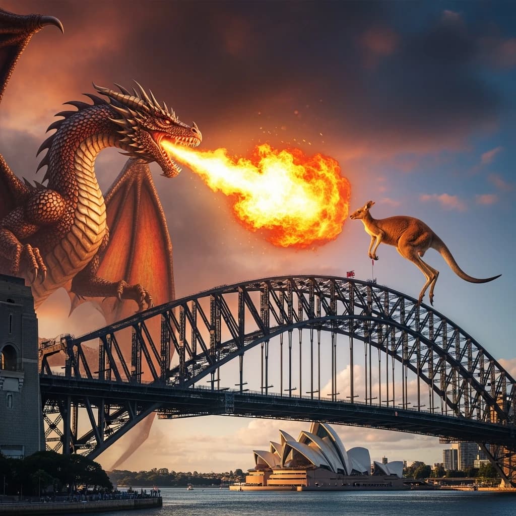 A dragon breathes fire at a kangaroo that is running away by climbing over the top of the Sydney Harbour Bridge. Opera House visible in the background.