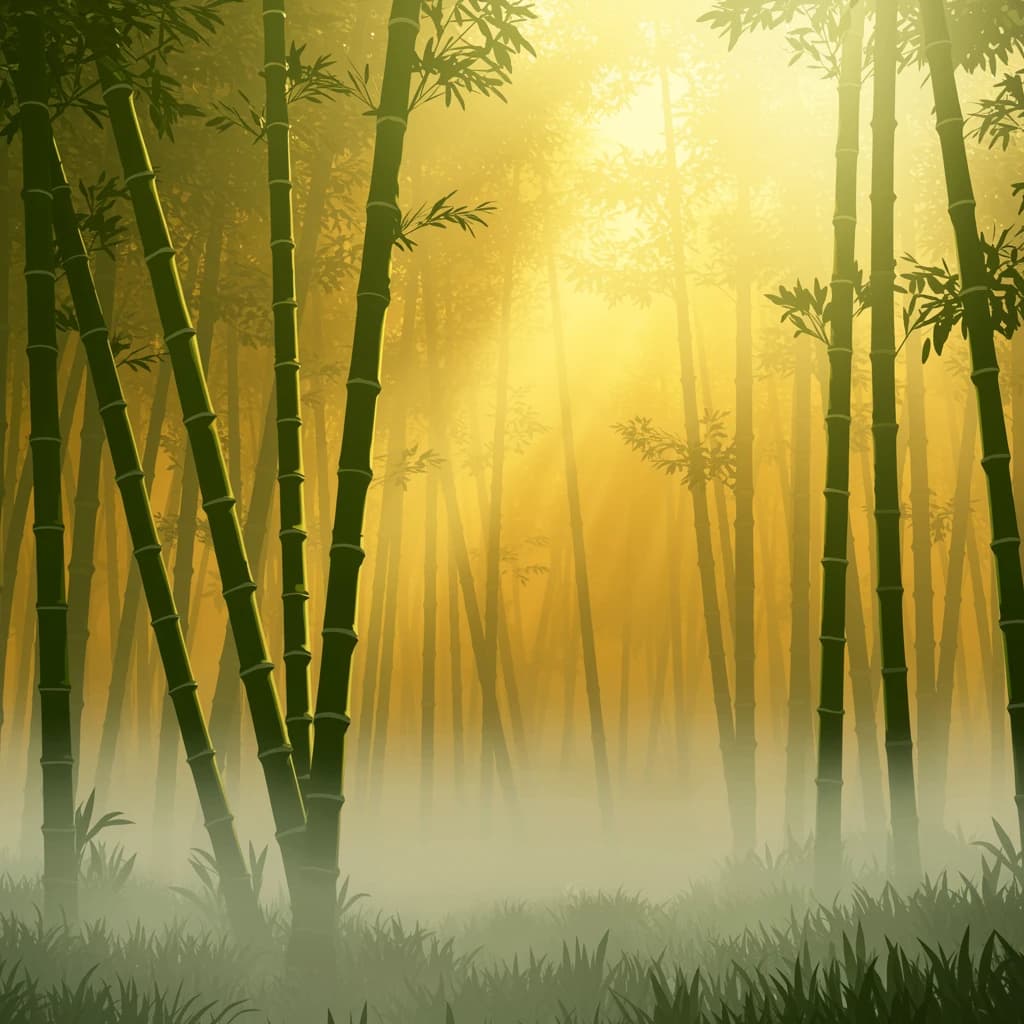 Give me a misty bamboo forest at sunrise, bold outlines, slightly cel-shaded.