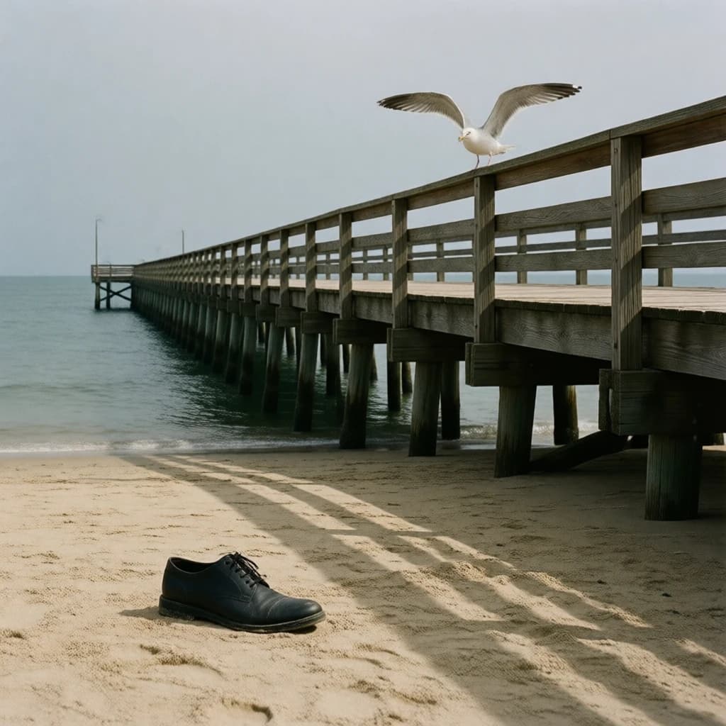 The beach is flat, sand beige, granular, no shells, except for a single left shoe, black leather, size eleven, half buried at an angle. The pier extends straight into the water, wood untreated, grain visible, though the support posts vanish before they touch the surface. The sky is uniformly gray, no clouds, yet shadows stretch at sharp diagonals. A single gull sits on the railing, wings outstretched, frozen mid-flap, no movement.