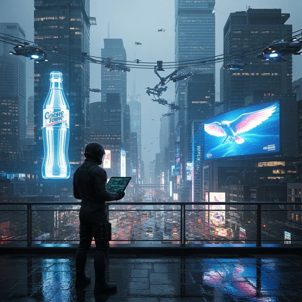 Rain-soaked neon megacity at night, flying taxis weave between glass towers, giant holograms flicker; a lone courier in a matte exosuit, somewhat cinematic wide angle.