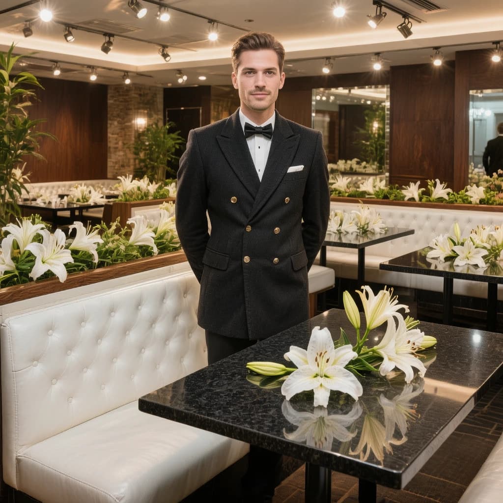 The place is almost empty. The banquettes are covered in white leather, the tables black granite, and the entire room is bathed in halogen track lighting that seems too bright. The maître d’ wears a double-breasted wool crepe jacket. There are lilies on every table.