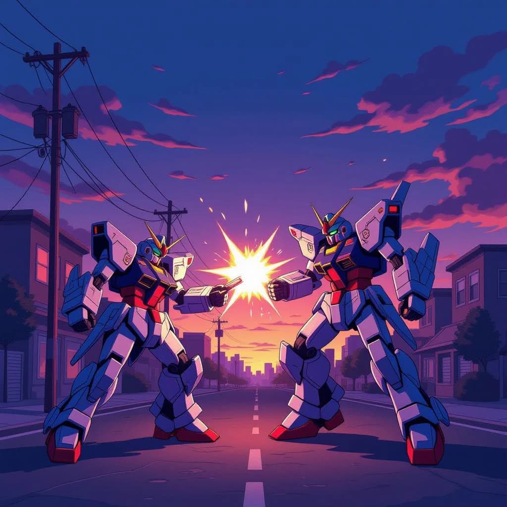Make a cel-shaded mecha duel at dusk downtown.