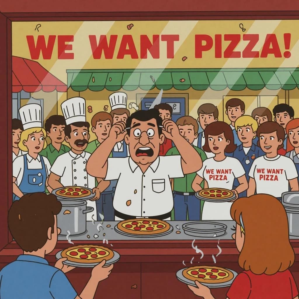 Pasquale is pulling his few remaining hairs out over a disaster at the pizzeria - the cooks are working as fast as they can but the crowds outside are swelling and they demand hot hot pizza! They are banging on the glass and some are wearing "we want pizza" shirts. 1980s western TV animation style.