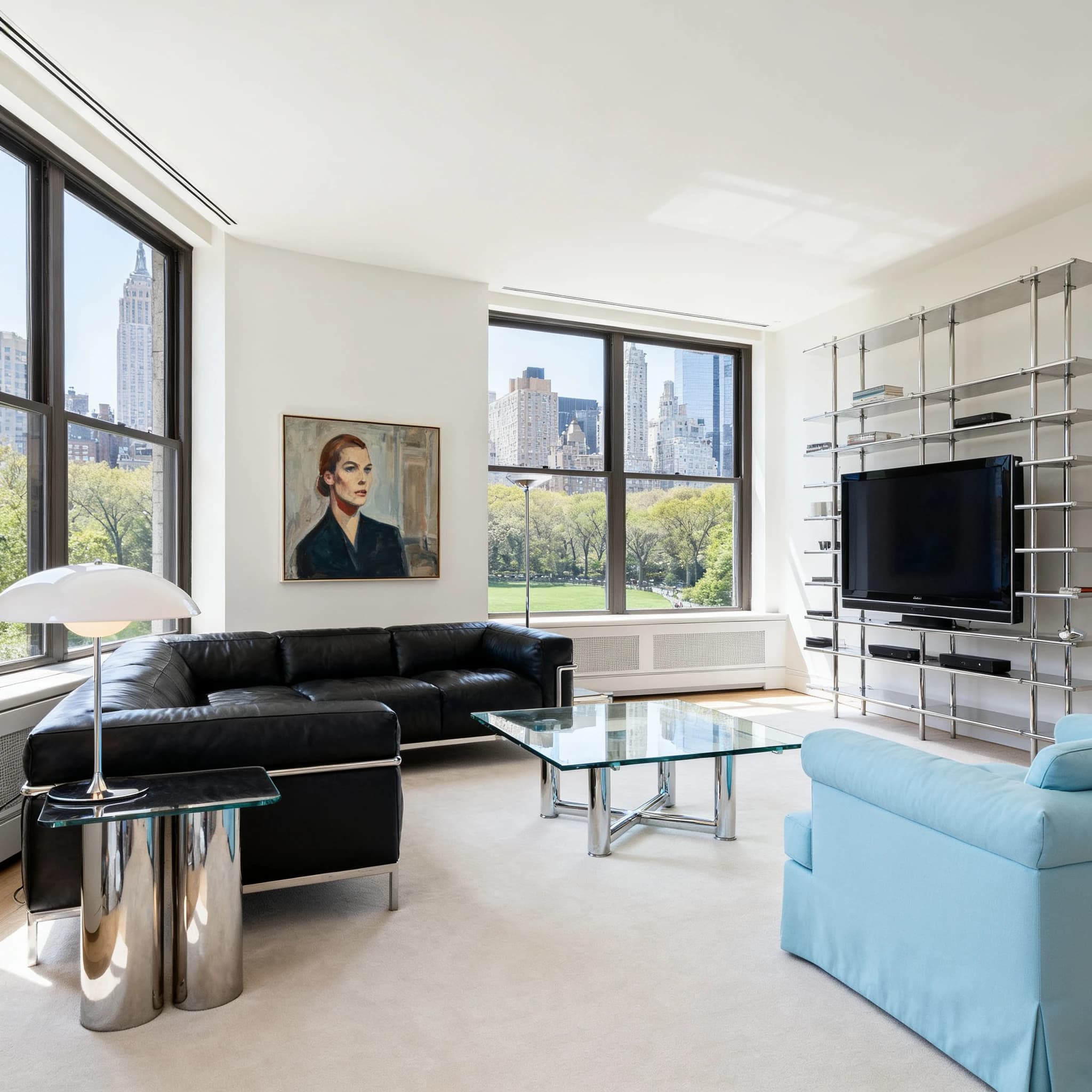 My apartment overlooks Central Park. It’s very luxurious, very expensive, and the furniture is minimal — a black leather couch, a glass coffee table with chrome legs, an Arne Jacobsen floor lamp. A big-screen television set rests on a steel shelving unit. A David Onica painting hangs above the couch. There’s a stainless steel and glass cocktail table. A powder-blue sofa. A thirty-inch digital TV.