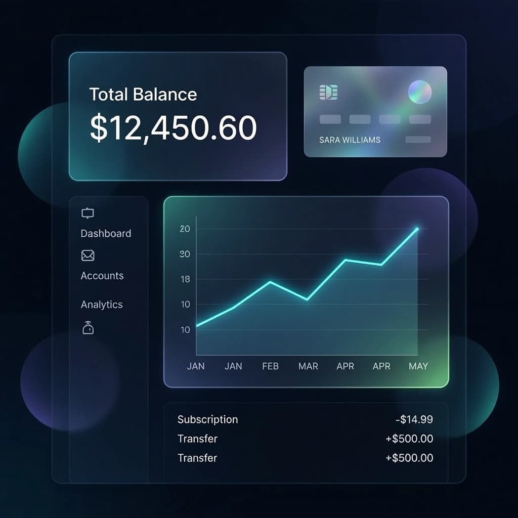 Dark mode banking dashboard with glassmorphism.