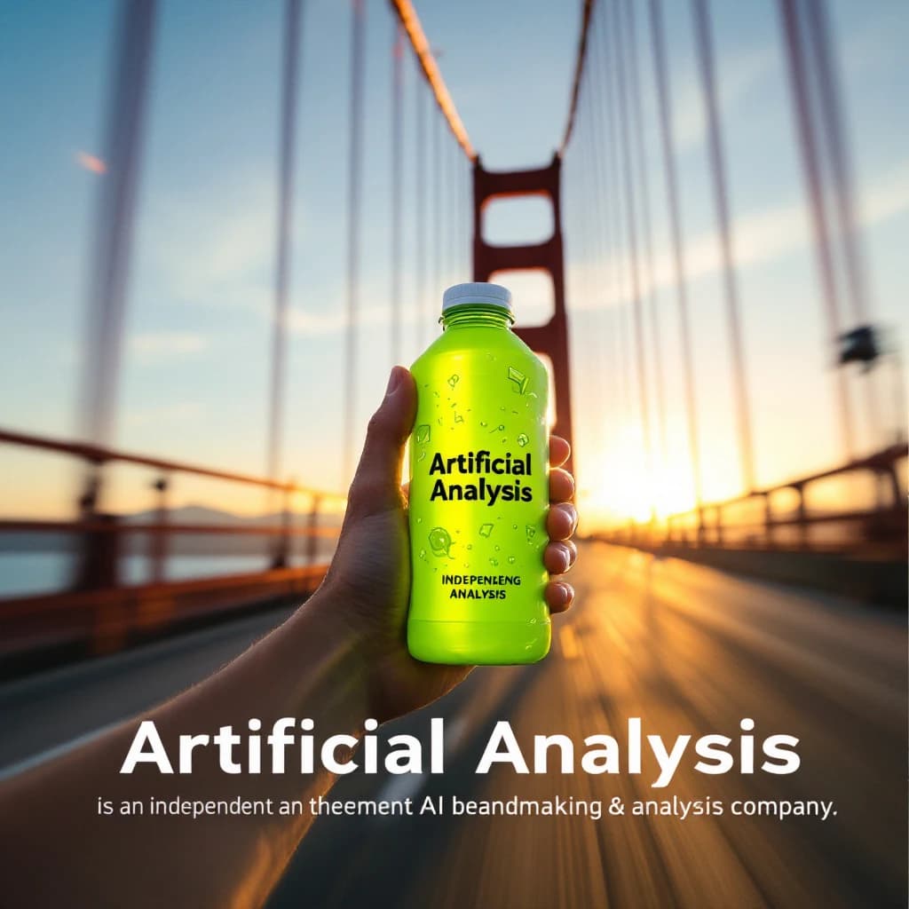 A runner dashes across the Golden Gate Bridge at dawn, sunlight streaming between cables. In their hand, they carry a neon-green sports drink with the brand name Artificial Analysis splashed boldly across the bottle. Motion blur emphasizes speed, while crisp purple sans serif typography overlays the bottom right of the scene with the tagline: Artificial Analysis is an independent AI benchmarking & analysis company
