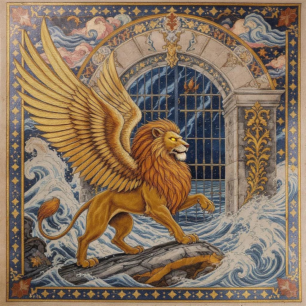 Paint an illuminated manuscript scene of a winged lion guarding a sea gate.