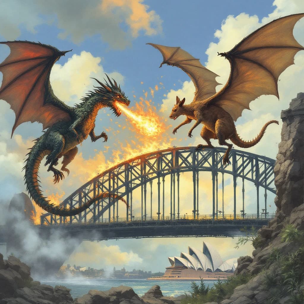A dragon breathes fire at a kangaroo that is running away by climbing over the top of the Sydney Harbour Bridge. Opera House visible in the background.