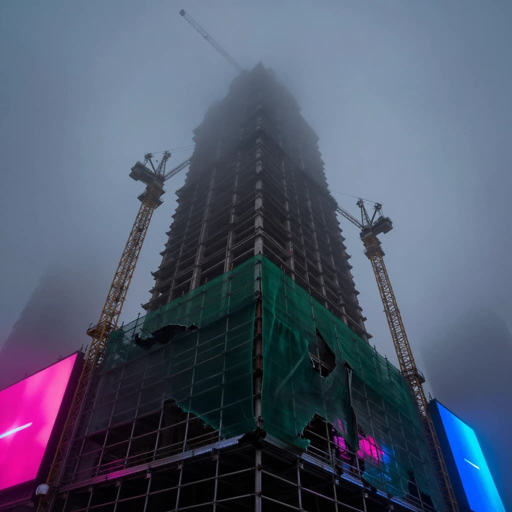 A construction site stretched upward into fog, cranes frozen in silhouette. Wind rattled scaffolding draped with torn mesh that glowed faintly from nearby billboards