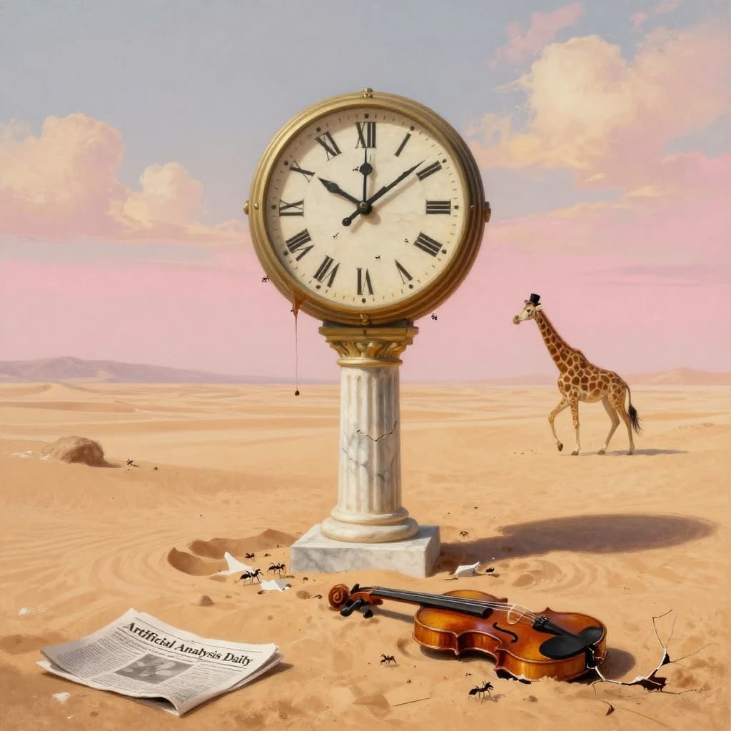 A vast desert plain stretches endlessly under a sky streaked with pale pink and ochre clouds. In the center stands a colossal clock, its face drooping and melting over the edge of a broken marble column. Ants swarm across its warped surface, glinting in the harsh sunlight. To the right, a horse with a giraffe like neck wearing a top hat strides toward the horizon, its shadow stretching miles across the sand. A cracked violin lies half-buried in the foreground, strings snapping outward like veins. Painted in the dreamlike surrealist style. A newspaper named the "Artificial Analysis Daily" lies on the Floor.