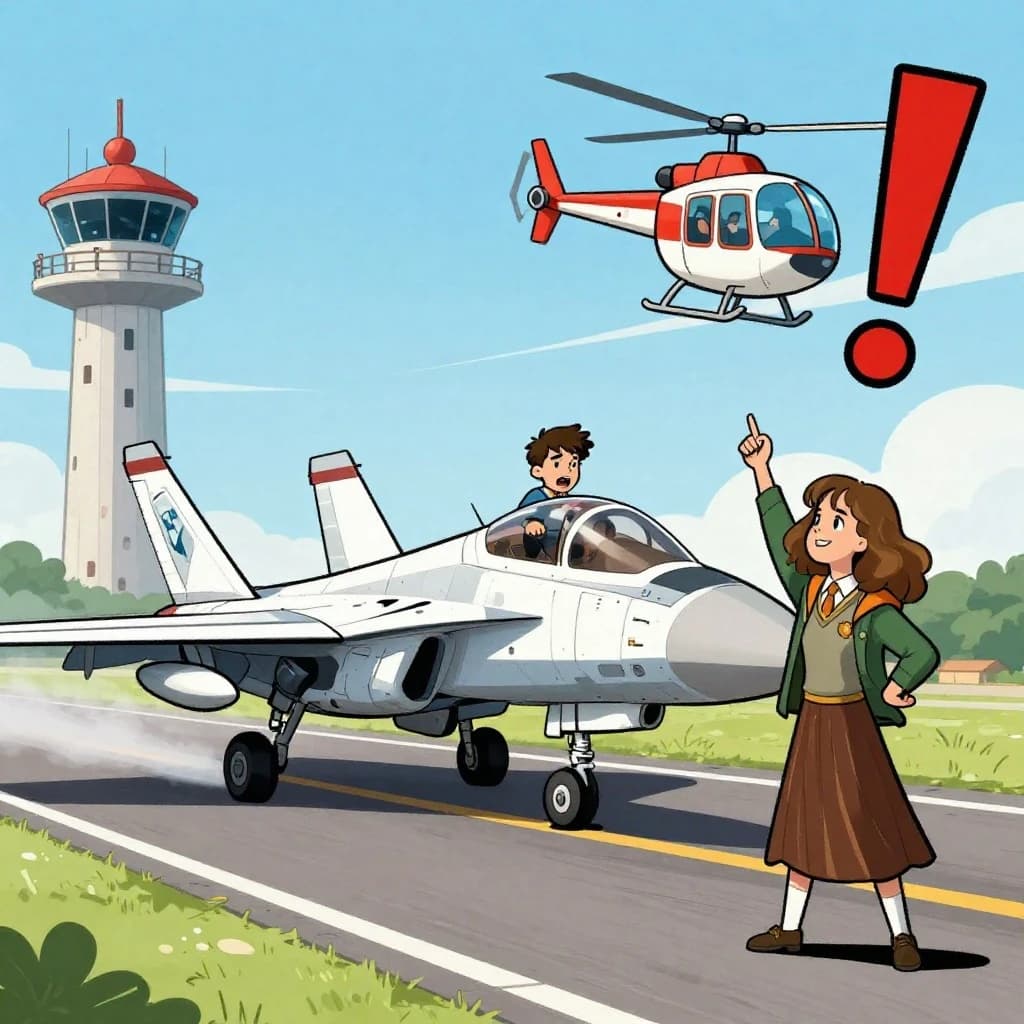 Almost at the runway, Fred the Fighter Jet is racing with Barry the Bomber to see who lands first. Fred has a mischievous trick up his sleeve but Hermione the Helicopter is going to stop him before he gets the chance. The control tower is very angry and has a big exclamation mark. Hand drawn cel look