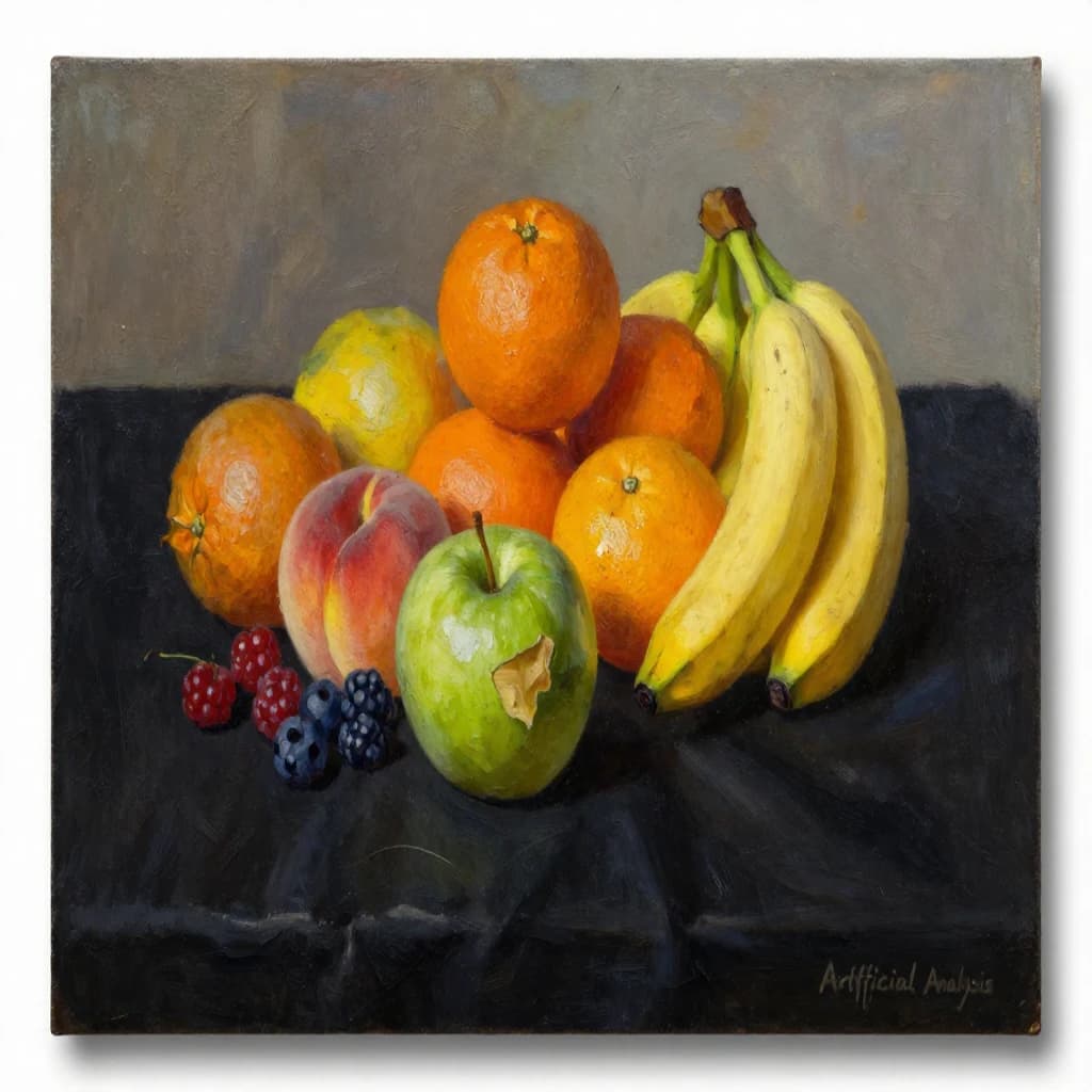 A still life scene painted oil on canvas, comprising various fruits on a black table cloth with striking lighting coming from the right out of frame, creating strong shadows. A bruised green apple is in the foreground, a peach behind it, and behind that a melange of oranges and bananas in various states of ripeness. Berries are strewn in front of the apple. The artist has signed his name "Artificial Analysis" in the bottom right corner in a hurried fashion.