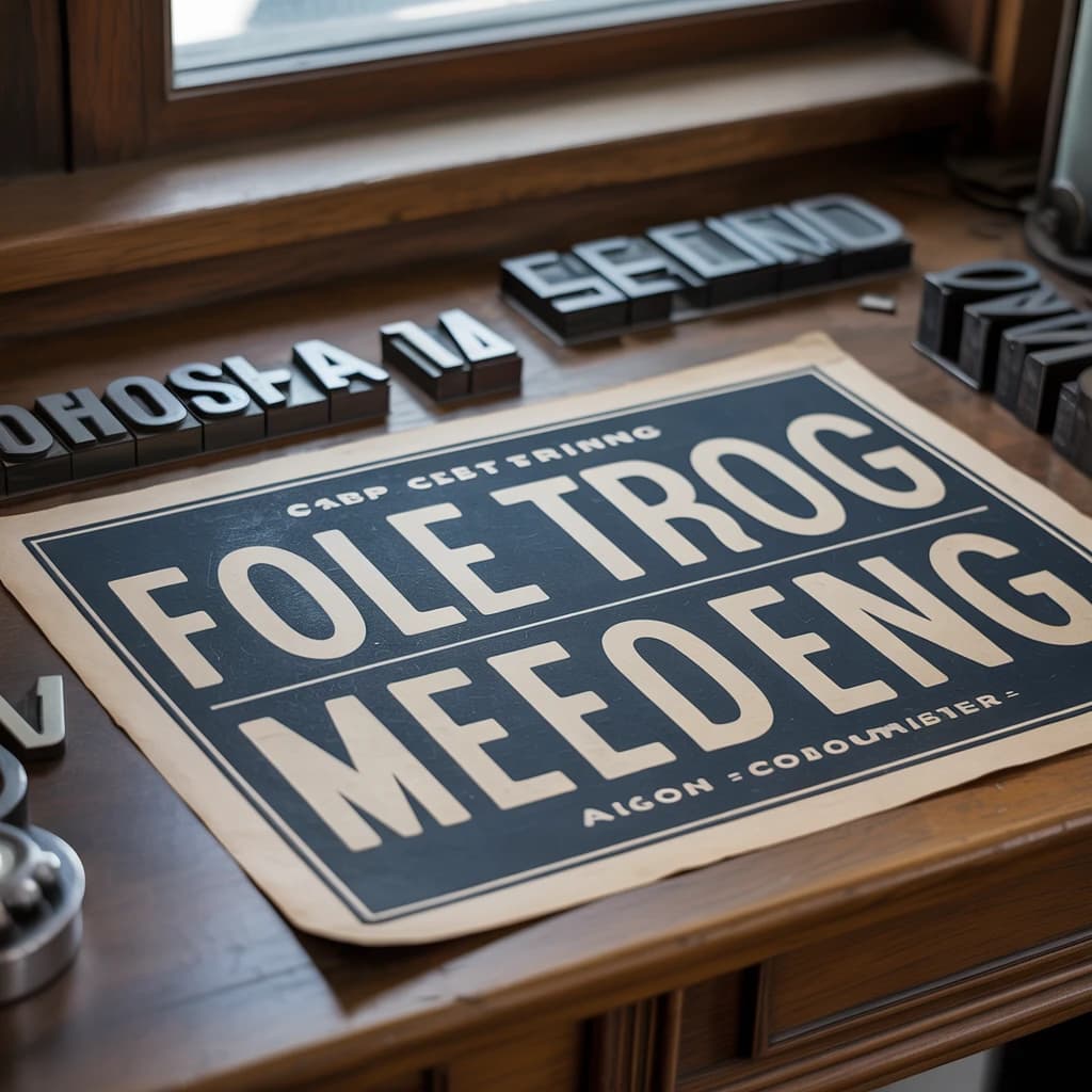 A vintage letterpress poster on a wooden desk: bold slab serif headline, tight kerning, misregistered ink, slightly worn edges, scattered metal type, soft window light.