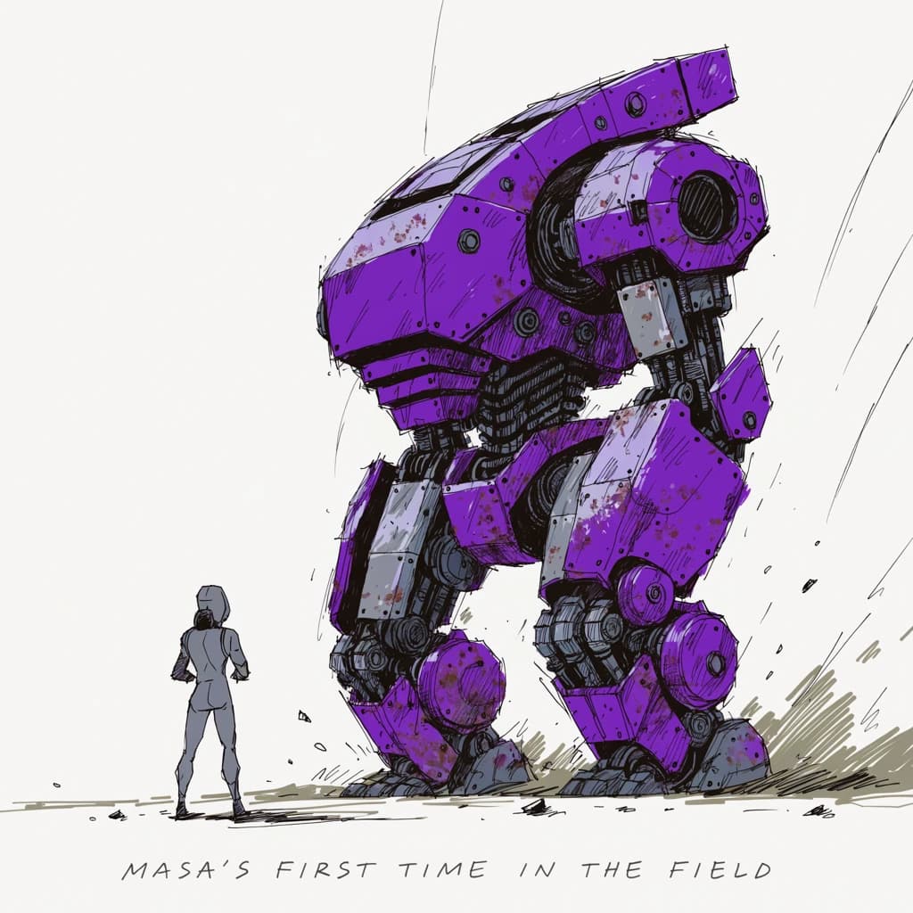 Clad in his body suit up to the neck, young Masa nervously approaches the towering mech with his back facing us. He is nervous for his first time in the field. The mech's bright purple colour scheme contrasts with the grey body suit. The scale of the mech dwarfs Masa. Hand drawn style