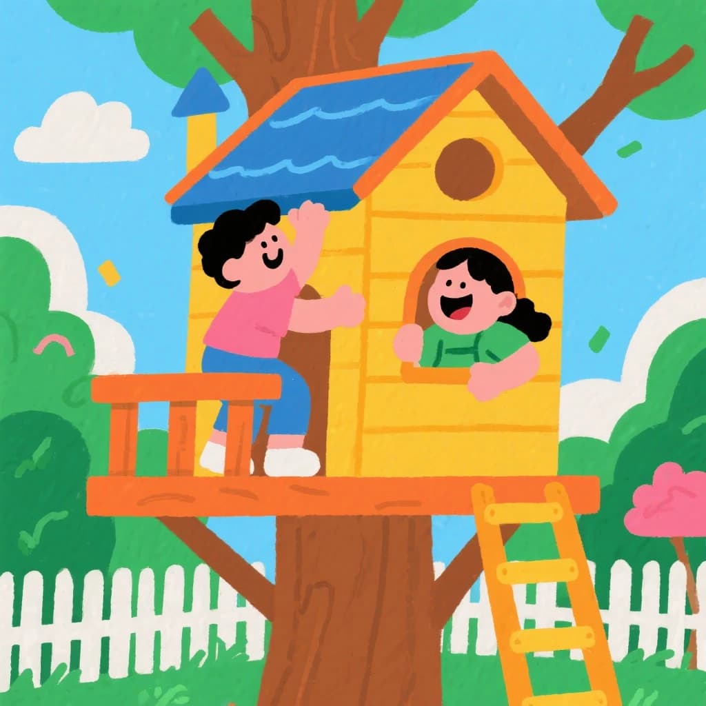 Kids build a backyard treehouse and laugh, bright flat colors, chunky outlines.